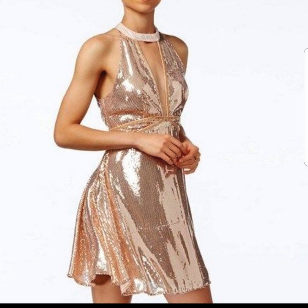Free People Rose Gold Sequin Halter Mini Dress, 6
